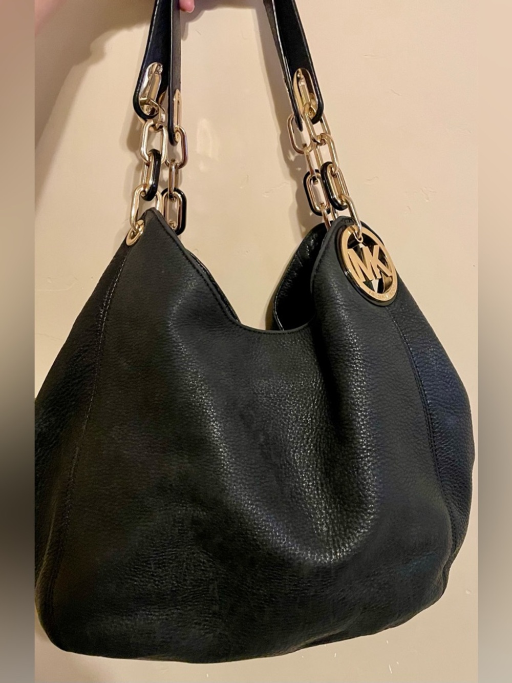 Michael Kors Black Pebbled Leather Hobo Shoulder Bag with Gold Accents
